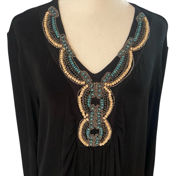 Chico's Travelers Beaded Embellished Slinky Knit Tunic Top Size L Black Flowy - Picture 8 of 13